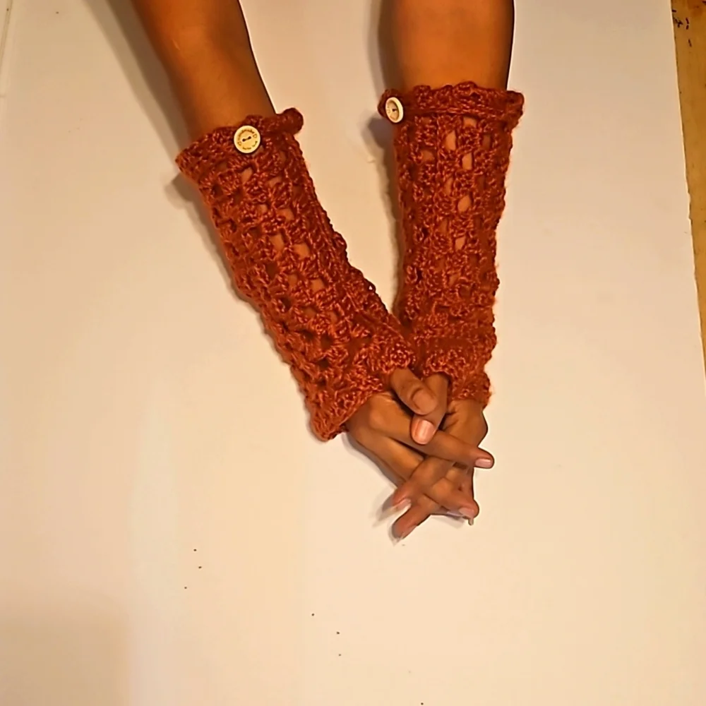 Hand Crafted Hand Knit Crochet Orange Granny Square Fingerless Gloves handmade